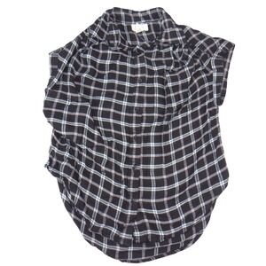 Japan Womens Plaid Button Down Shirt Black White Blue Rayon Short Sleeve XS 3244